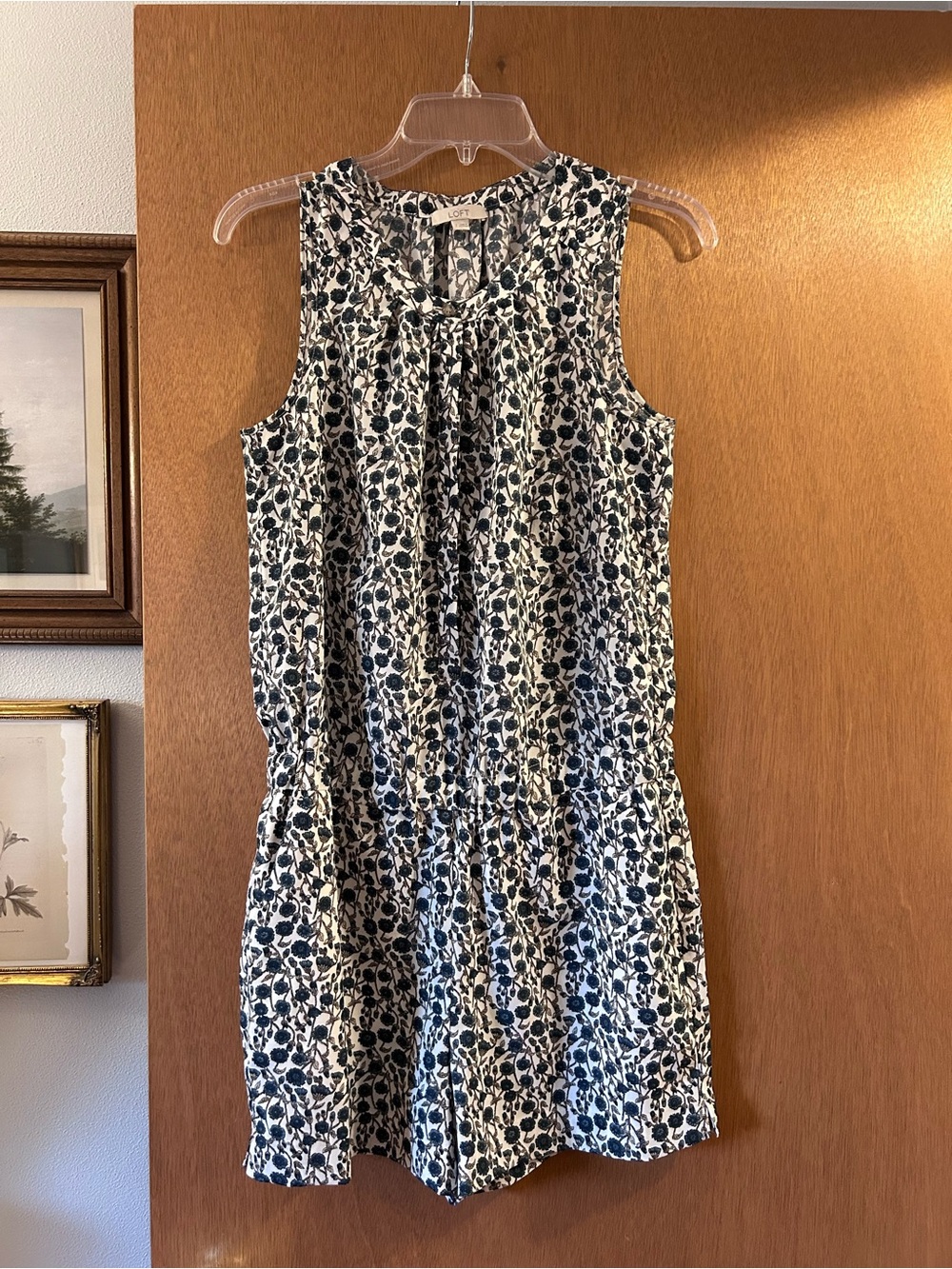 LOFT Navy and White Sleeveless Floral Shift Romper w/ Pockets